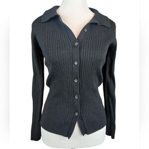 Double Zero Button Up Women's Black Ribbed Sweater Size Large